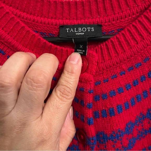 Talbots woman cardigan lambs wool mix, size X rend and blue button up - Picture 2 of 7
